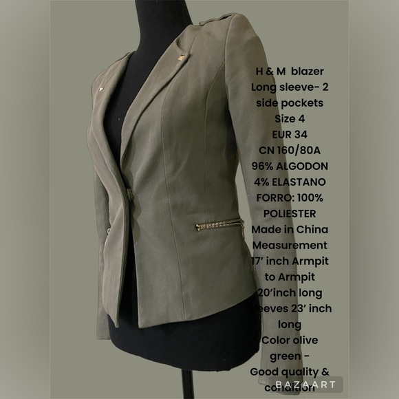 H & M  blazer 
Long sleeve- 2 side pockets 
Size 4 
EUR 34
160/80A
96% ALGODÓN - Picture 16 of 16